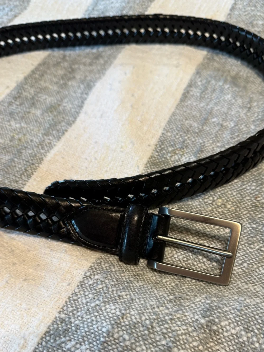 Mens SZ 38 Black Braided Leather Belt with Silver Buckle